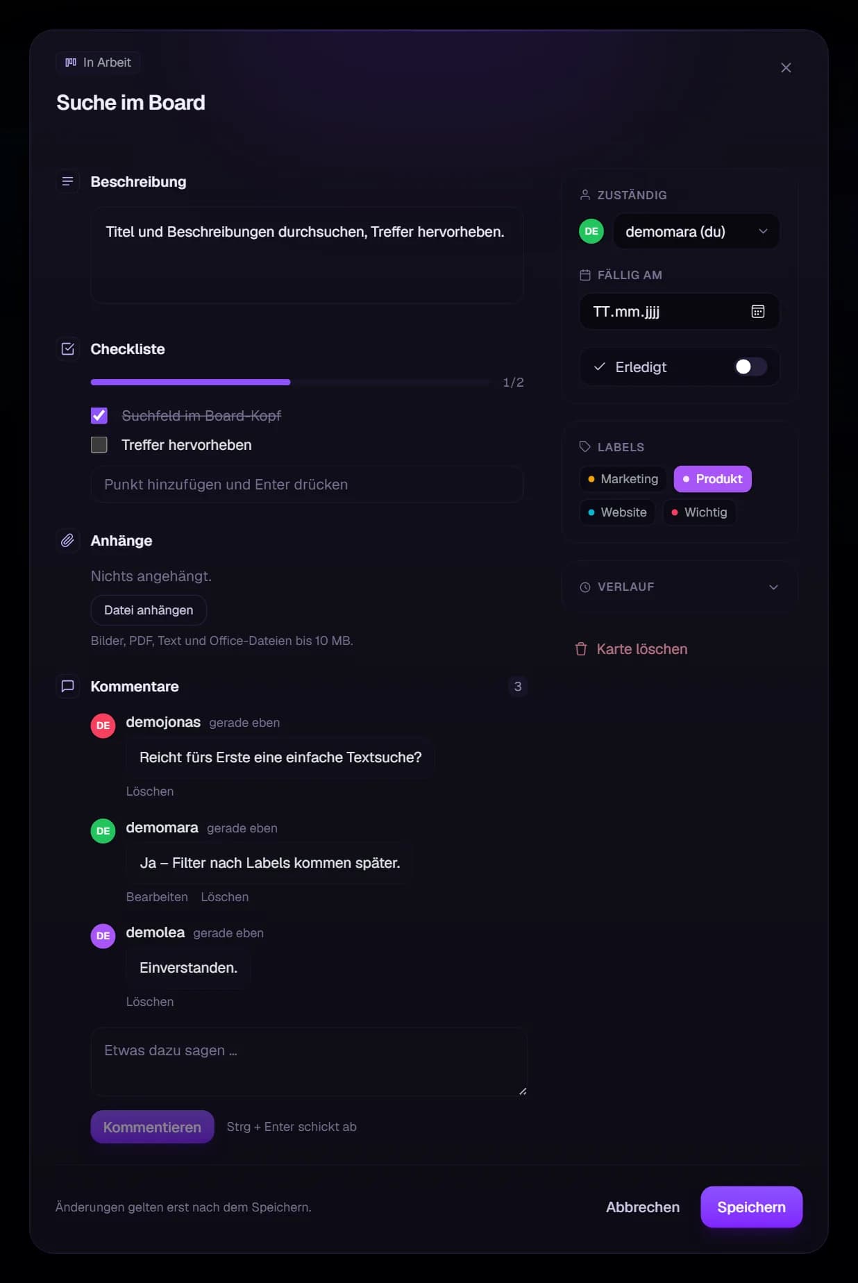 Der Karten-Dialog mit Beschreibung, Checkliste, Kommentaren und Labels