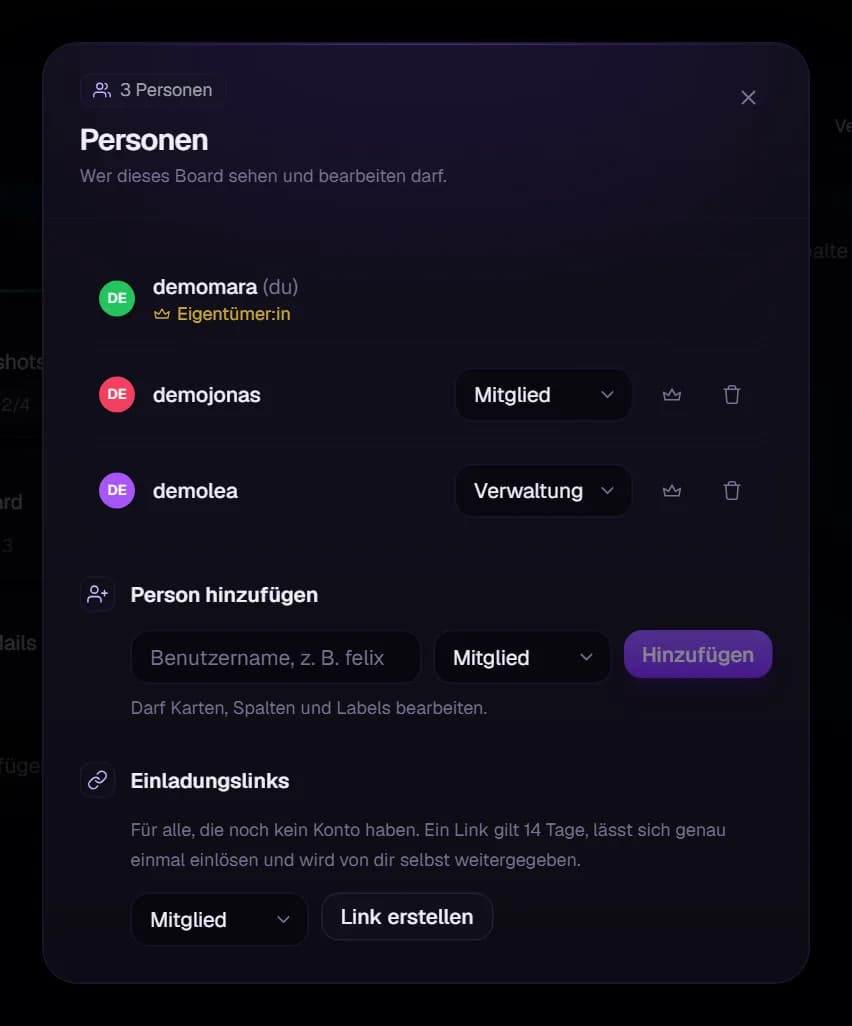 Der Personen-Dialog mit Rollen und Einladungslinks